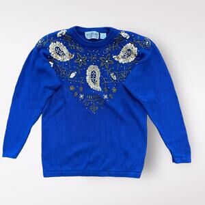 Western Connection‎ Vintage Sequined Sweater Womens Medium Blue Beaded